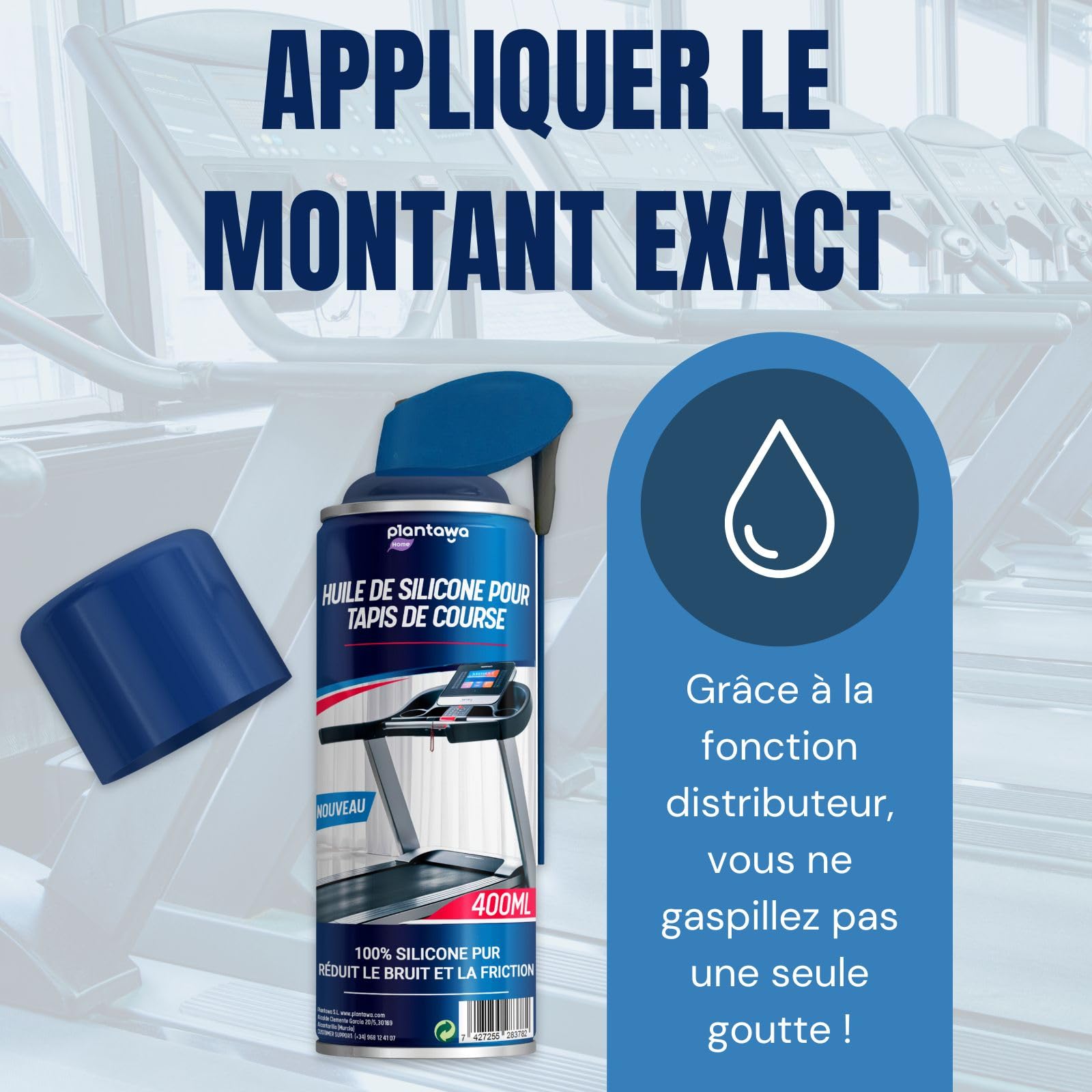 Plantawa Spray lubrifiant pour tapis de course 400 ml | Lubrifiant en silicone pour tapis de course. Idéal pour gymnases, tapis de course. Application précise. Convient à tous les tapis de course.