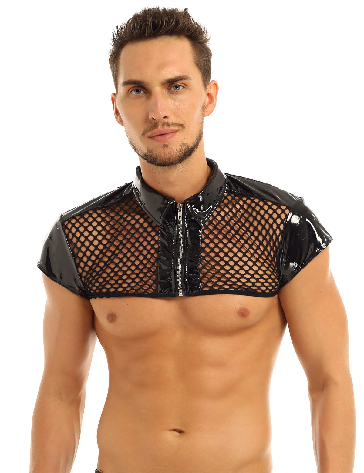 Mens Wet Look Leather Fishnet See-Through Muscle Crop Top Zipper Half Tank Tops Clubwear