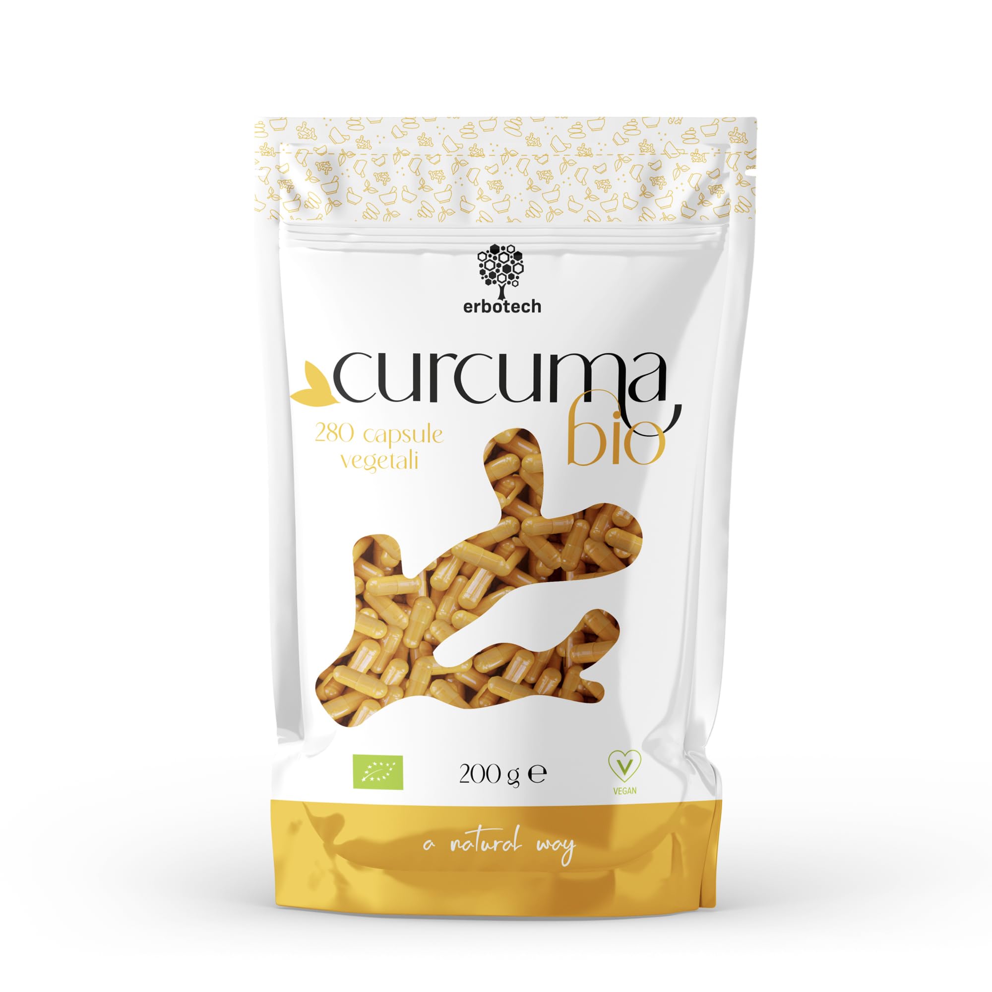 ERBOTECH Cúrcuma BIO cápsulas, envase de 200g, aprox. 280 cápsulas, 100% pura y orgánica, concentrada y sin aditivos, complemento alimenticio natural, vegano