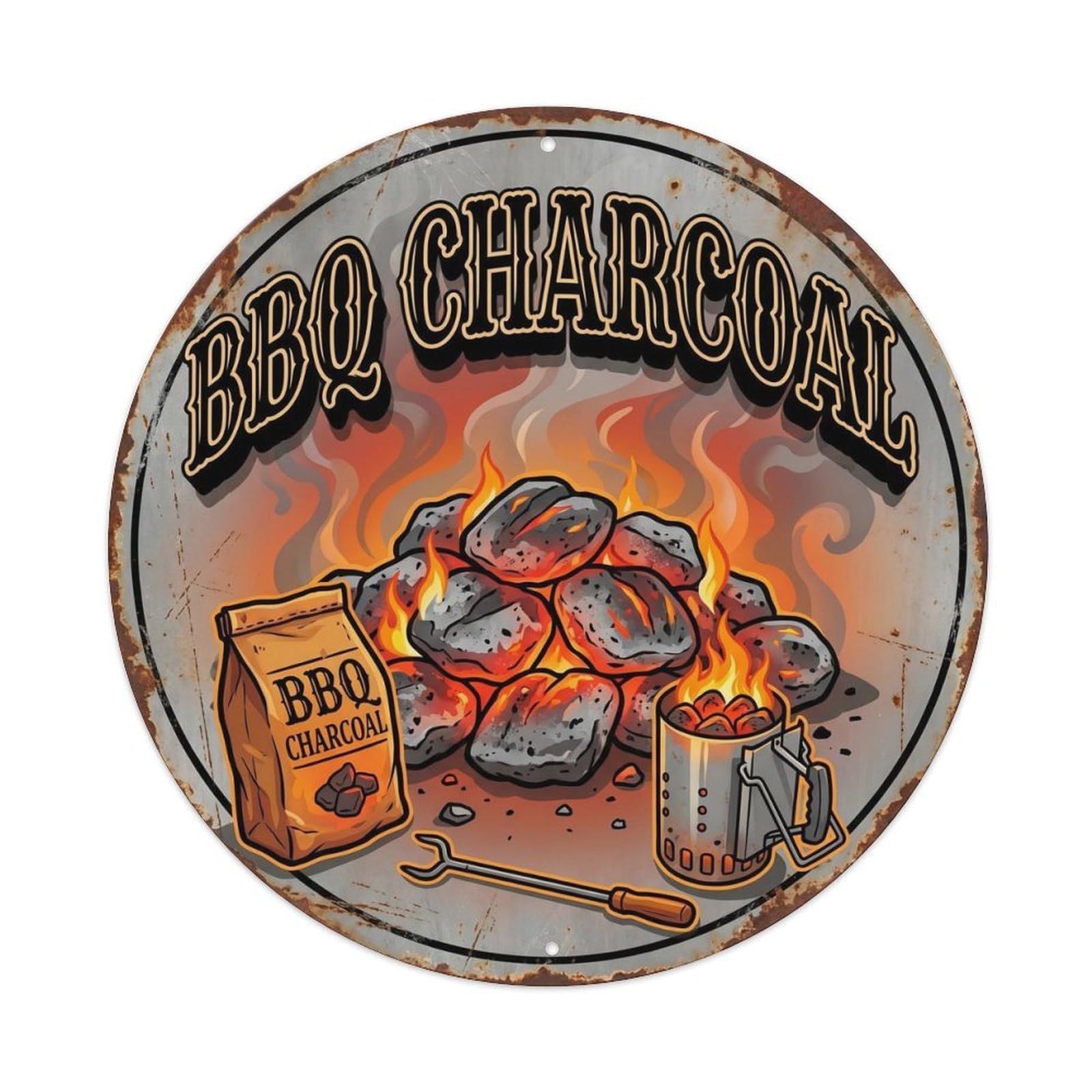 Vintage BBQ Barbecue Charcoal Artwork Metal Tin Sign Plaque Wall Decor for Cafe, Club, Garden Round Metal Poster 8x8Inch