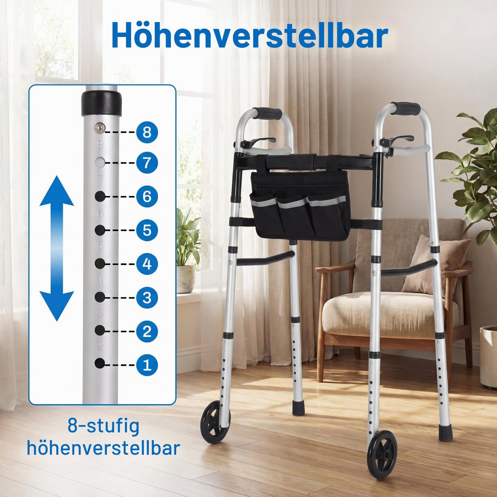 Gehgestell faltbar, 2 Räder Gehhilfe für Senioren Gehbock Leichtgewicht