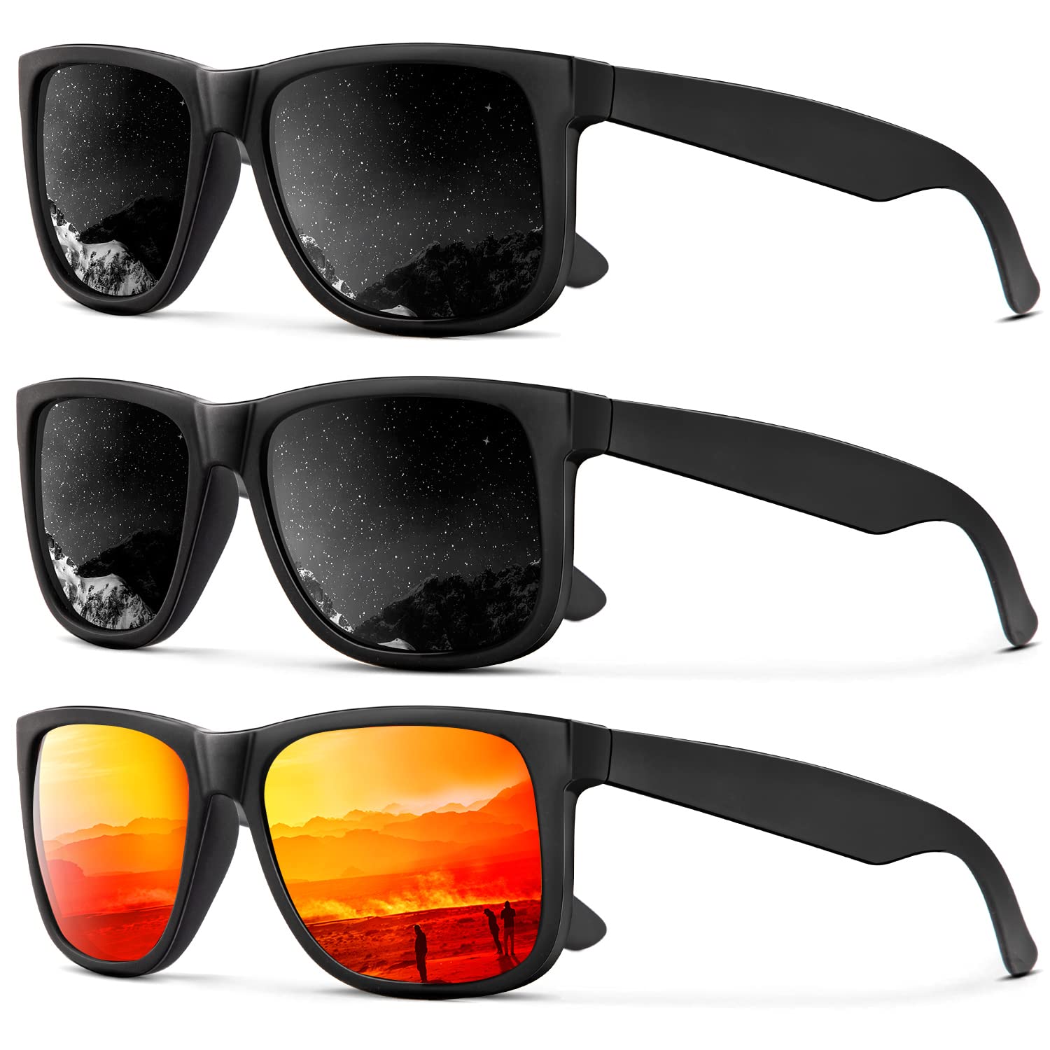 KALIYADI Sunglasses Men Polarized Sun glasses for Mens Womens Classic Matte Black Frame UV Protection 3pack