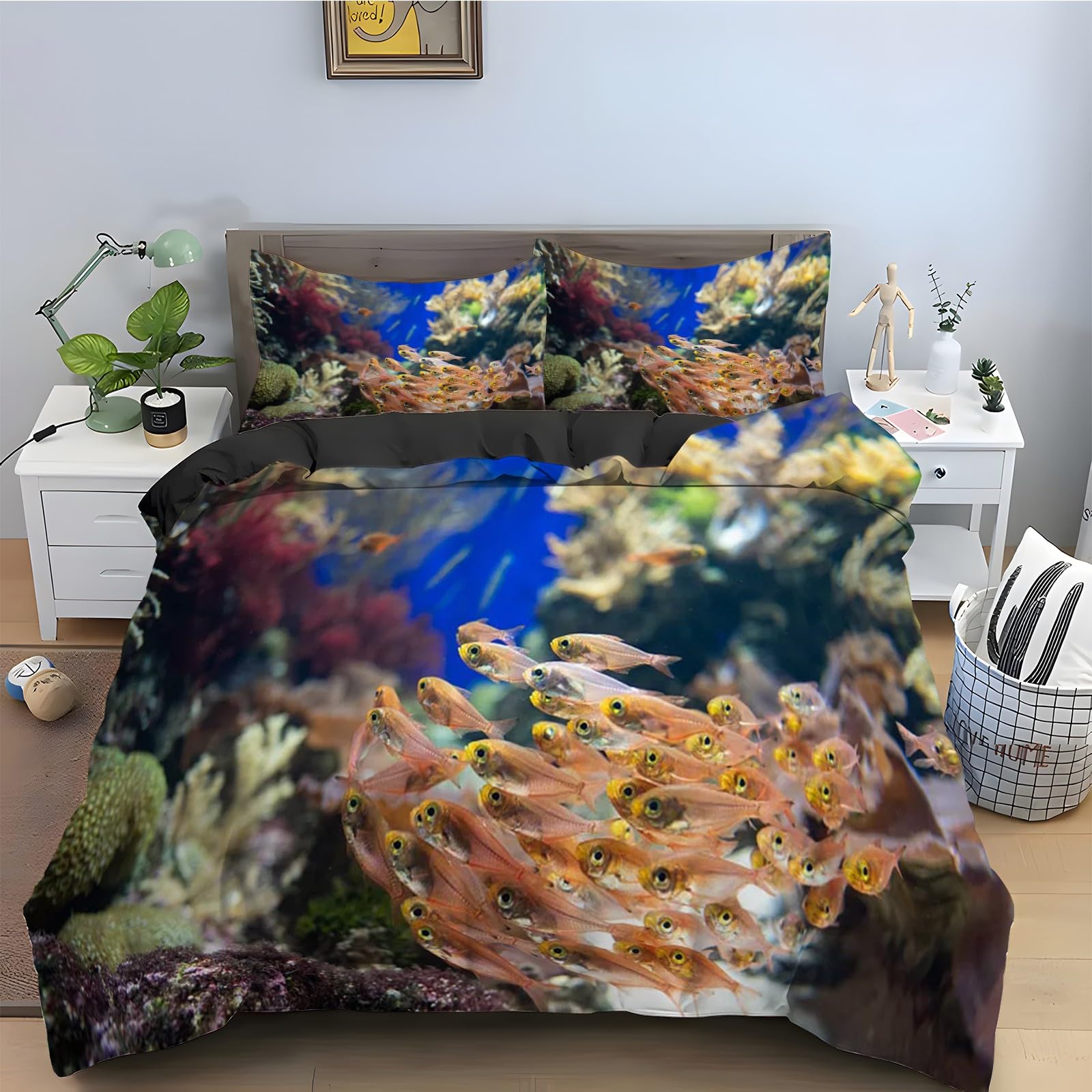 Parure de lit 90x190 poisson corail 3 pièces avec housse de couette et taies