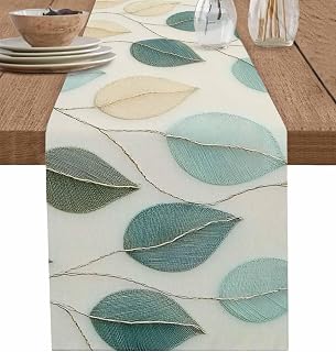 Teal Green Leaf Table Runners 36 Inches Long, Coffee Table Runner, Farmhouse Vintage Middle Century Textured Farmhouse Tablerunners Dress Scarves for Kitchen Island/Dining Table 13"x36"