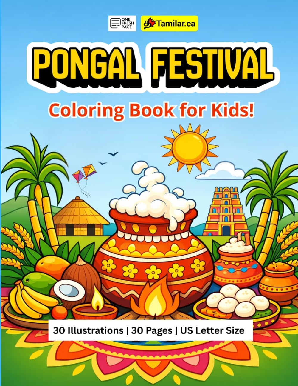 Thai Pongal Festival Coloring Book for Kids and Adults Featuring Traditional Tamil Harvest Celebrations, Village Life Scenes, Cultural Symbols, tamil books for kids