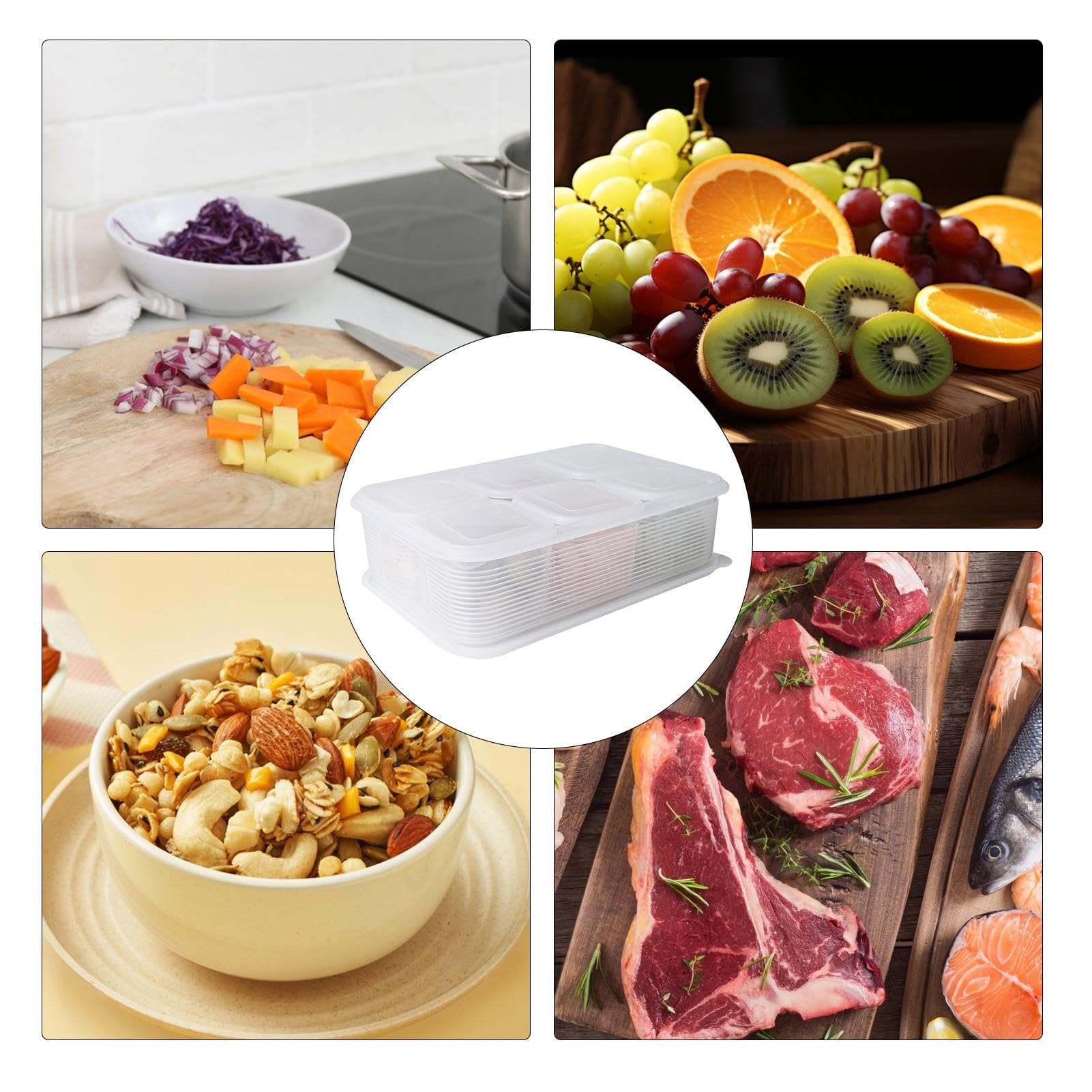 Plateau à légumes transparent avec couvercle - Récipient à charcuterie pour réfrigérateur - 6 compartiments - Support de stockage des aliments pour les fêtes - Préparation des repas - Sans BPA