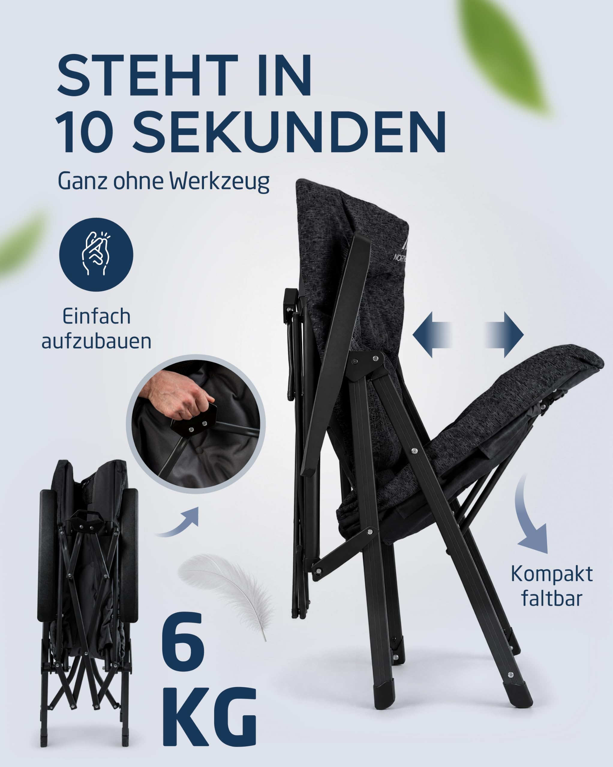 NORDMUT® Premium Campingstuhl faltbar mit hoher Lehne – Stabiler Klappstuhl Camping verstellbar in 4 Positionen – bequemer Gartenstuhl mit 140 kg Belastung für Camping & Outdoor