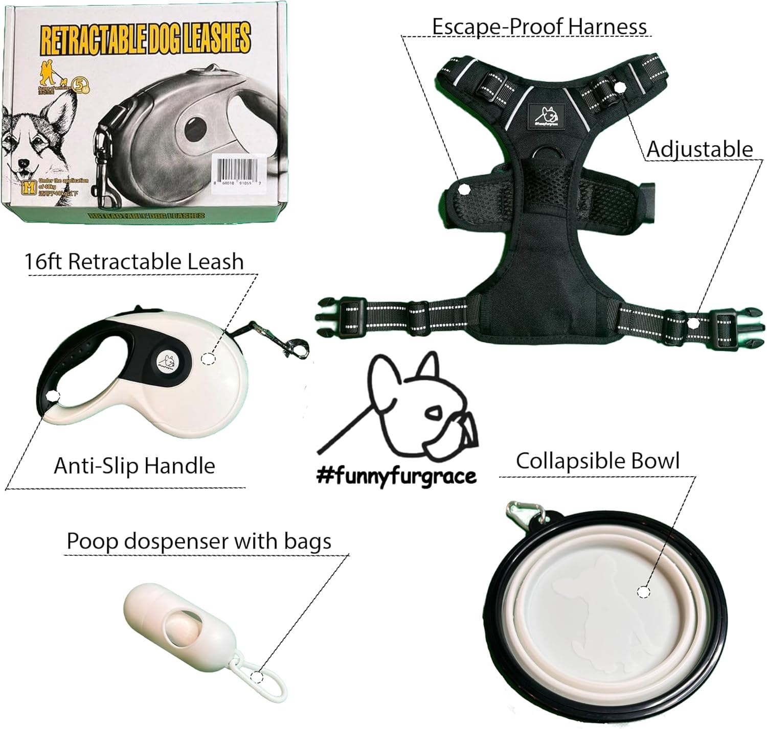 Funny Fur Grace - Black & White Dog Walking Set: Adjustable Escape-Proof Harness, 16ft Retractable Leash with Anti-Slip Handle, Pup Bags, Collapsible Bowl - Ideal for Medium Dogs - #funnyfurgrace