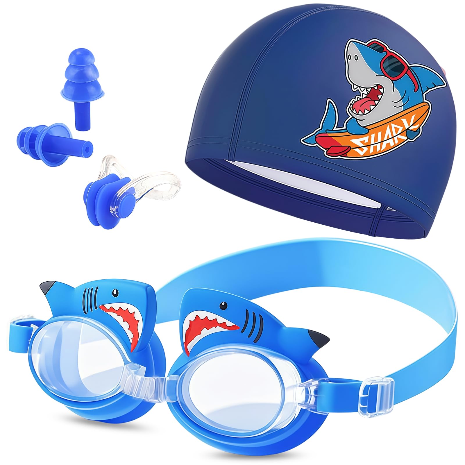 Adjustable Swimming Goggles and Cap, 4 in 1 Swimming Kit, Upgraded Design Anti-Fog Anti-UV Wide Clear View Soft Silicone Adjustable Swimming Goggles with Ear&Nose Plug, for Kids Children and Teens