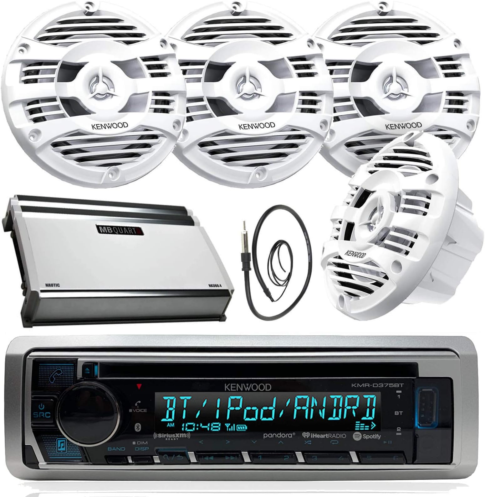 New Kenwood Marine Bluetooth CD MP3 USB AUX iPod iPhone Radio Stereo Player With 4 X 6.5" Inch Kenwood Marine Audio Speakers 4 Channel 360 Watts Marine Amplifier And Enrock Marine 45" Antenna - Complete Marine Outdoor Audio Package (White)
