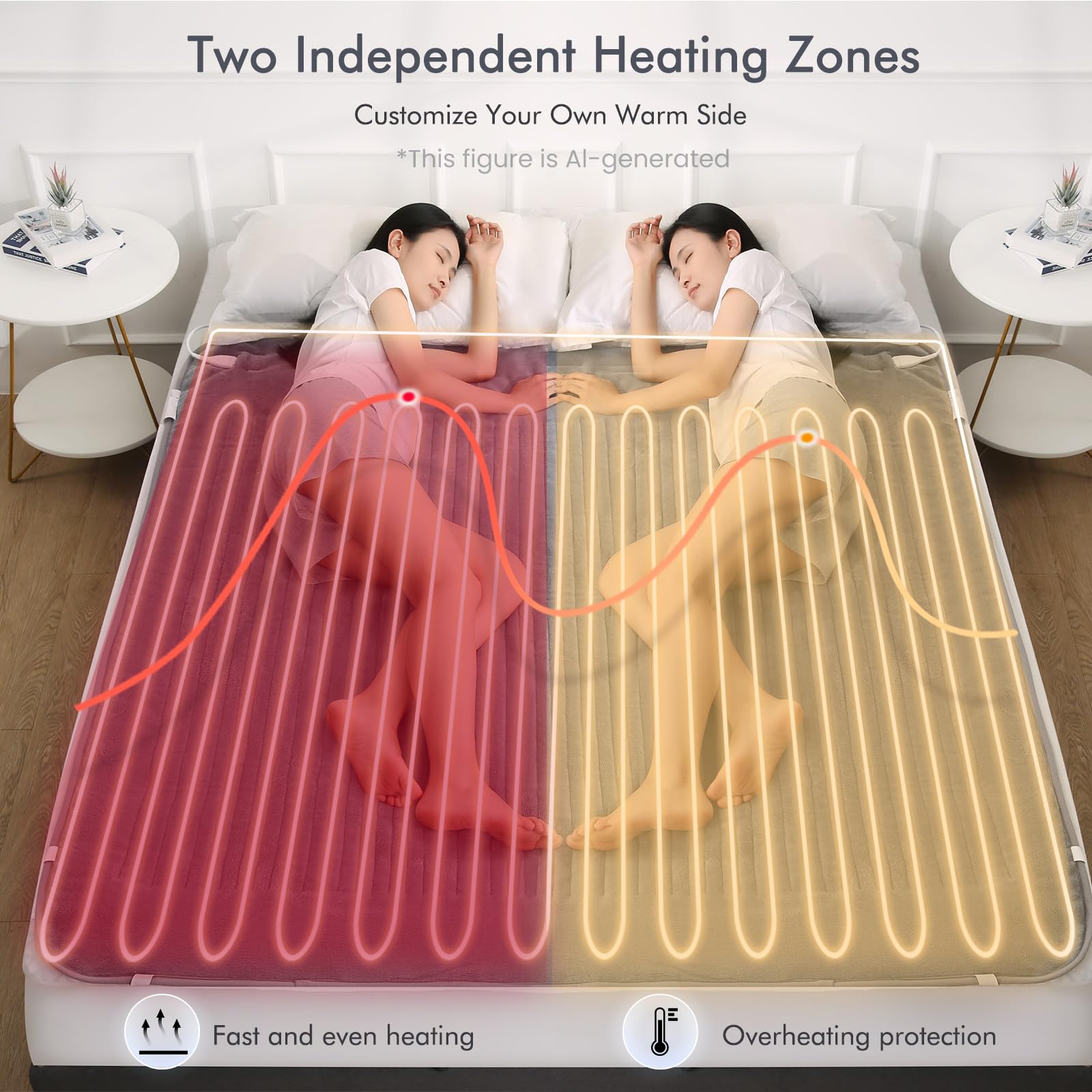 Surmatelas Chauffant 160 x 140 cm Avec Arrêt Automatique, 4 Niveaux de Température Et 2 Zones de Température Avec Contrôleur Amovible, Chauffage Rapide, Fixation Facile sur Le Matelas