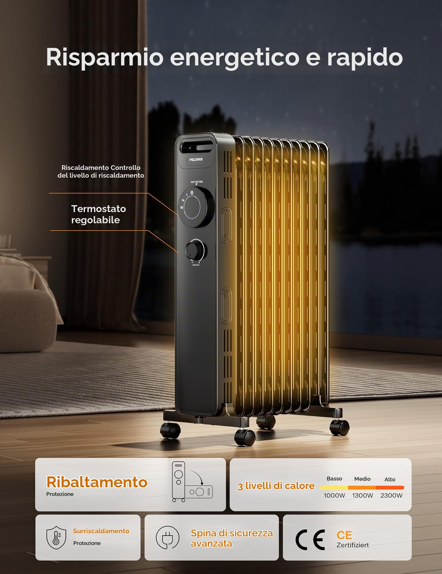 Pelonis Radiatore a Olio con Termostato Regolabile, Radiatore Elettrico con 3 Livelli di Calore, Protezione Contro il Surriscaldamento e l'Inclinazione, 6 Alette, Efficienza Energetica