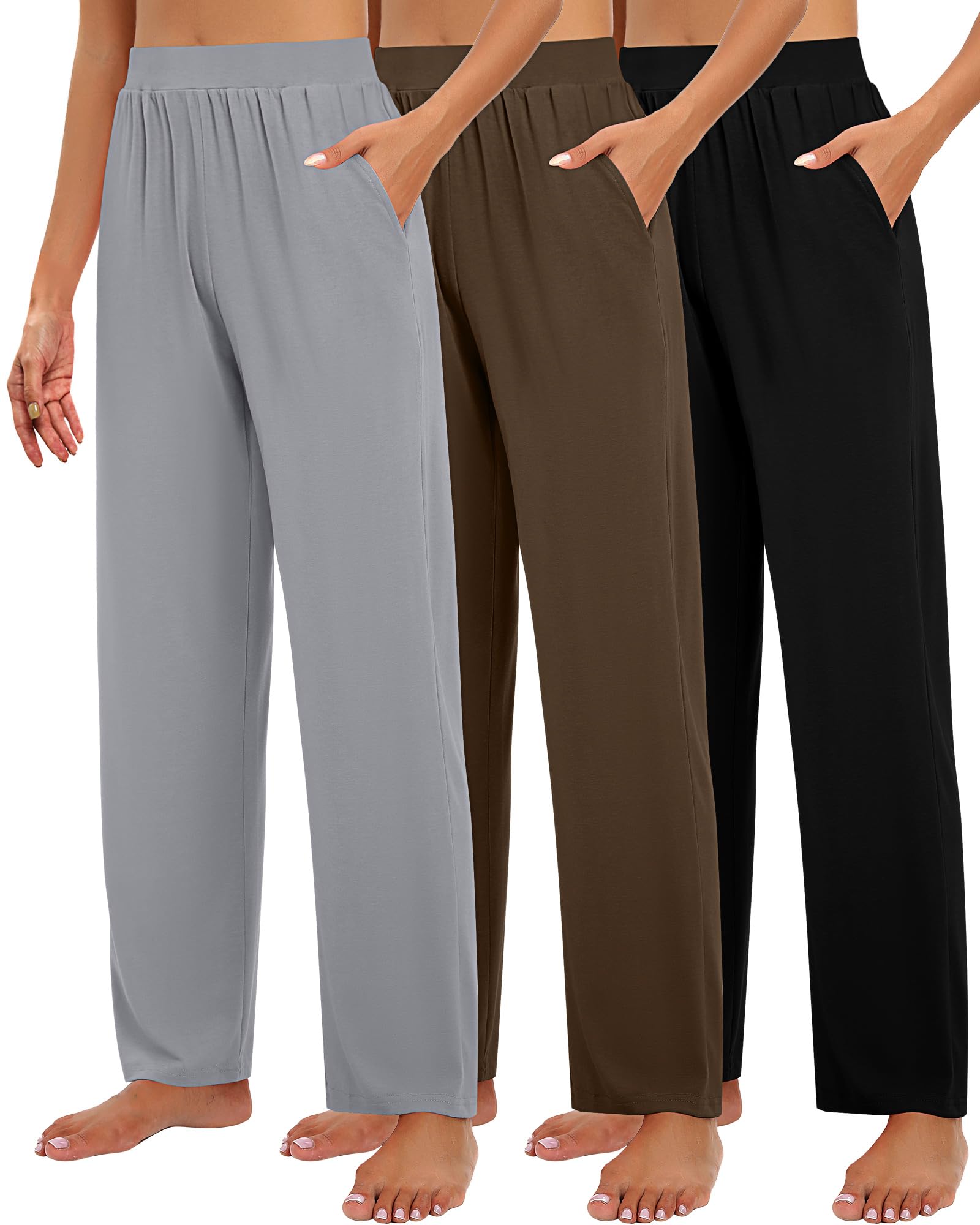 Huukeay 3 Pack Women's Lounge Pants, Cozy Wide Leg Lounge Slacks with Pockets Loose Flowy Yoga Sweatpant Workout Comfy Jogger