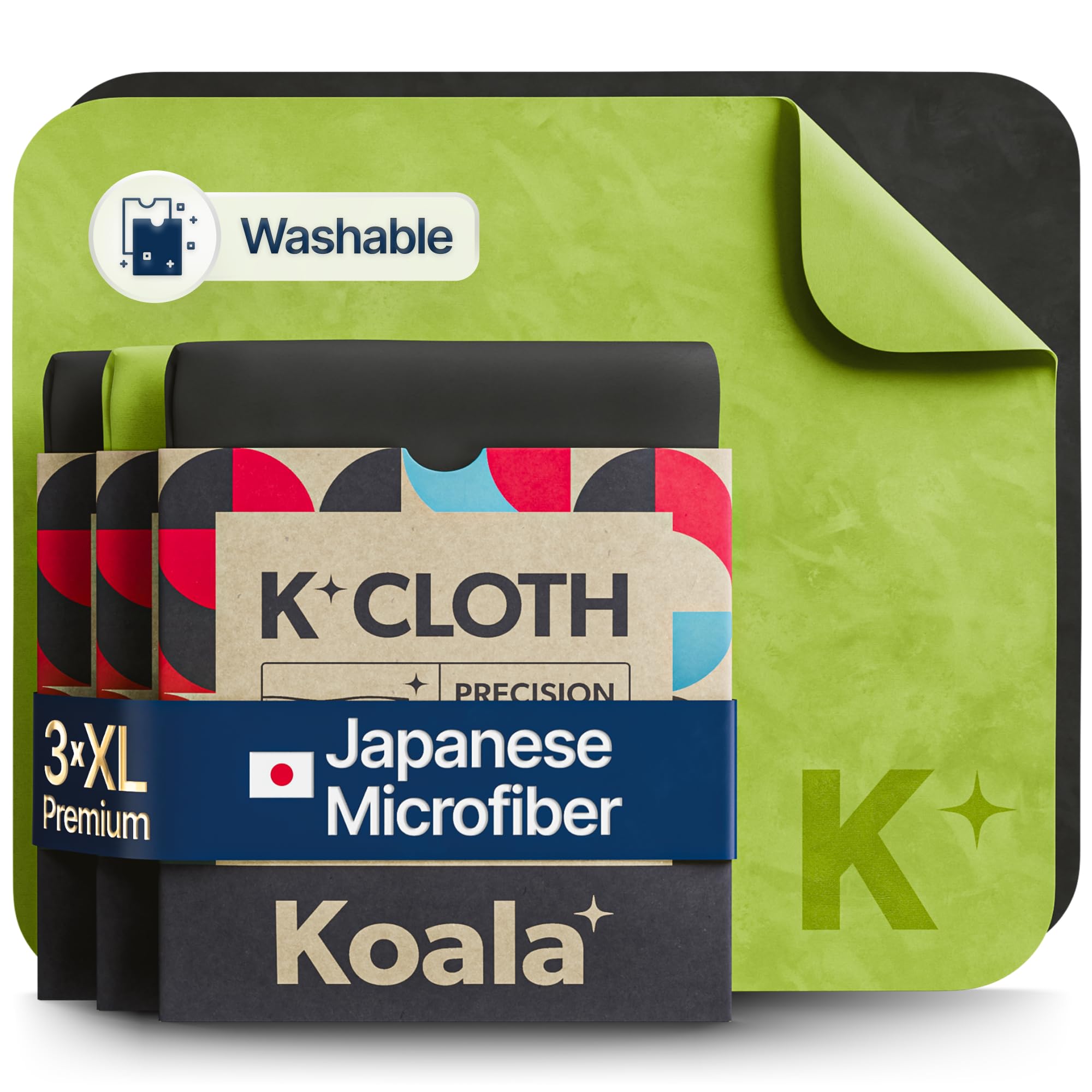 Koala Lens Cleaning Cloth | Japanese Microfiber | Glasses Cleaning Cloths | Eyeglass Lens Cleaner | Eyeglasses, Camera, VR/AR Headset, and Screen Cleaner | Black & Green (Pack of 3)