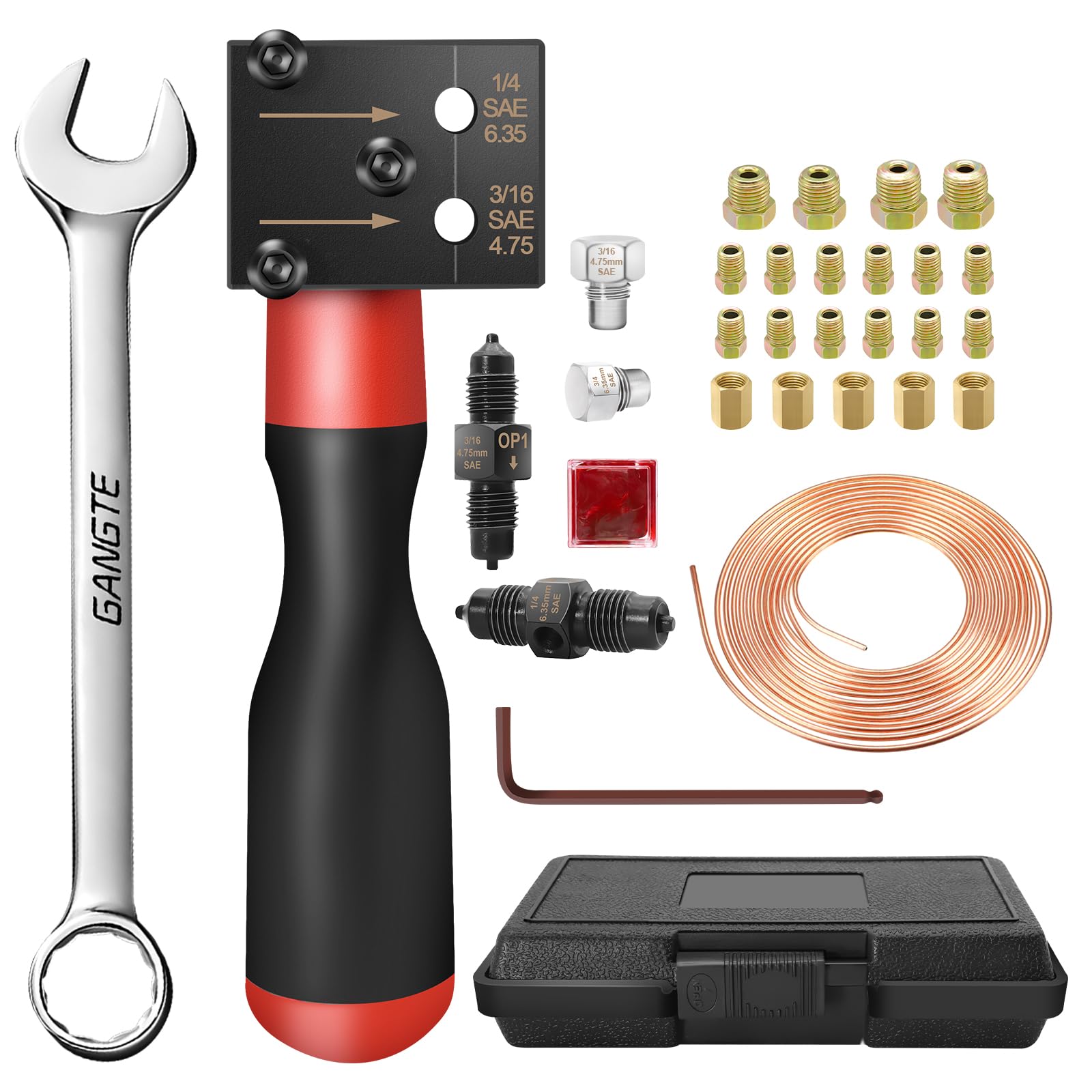 Kit D'évasement pour Conduites de Frein SAE - Clé à Cliquet de 17mm, pour Conduites de Frein de Voiture de 4,75 Et 6,35mm - avec CâBle de Frein de 7,62m de Diamètre & 16 Raccords, 5 Connecteurs