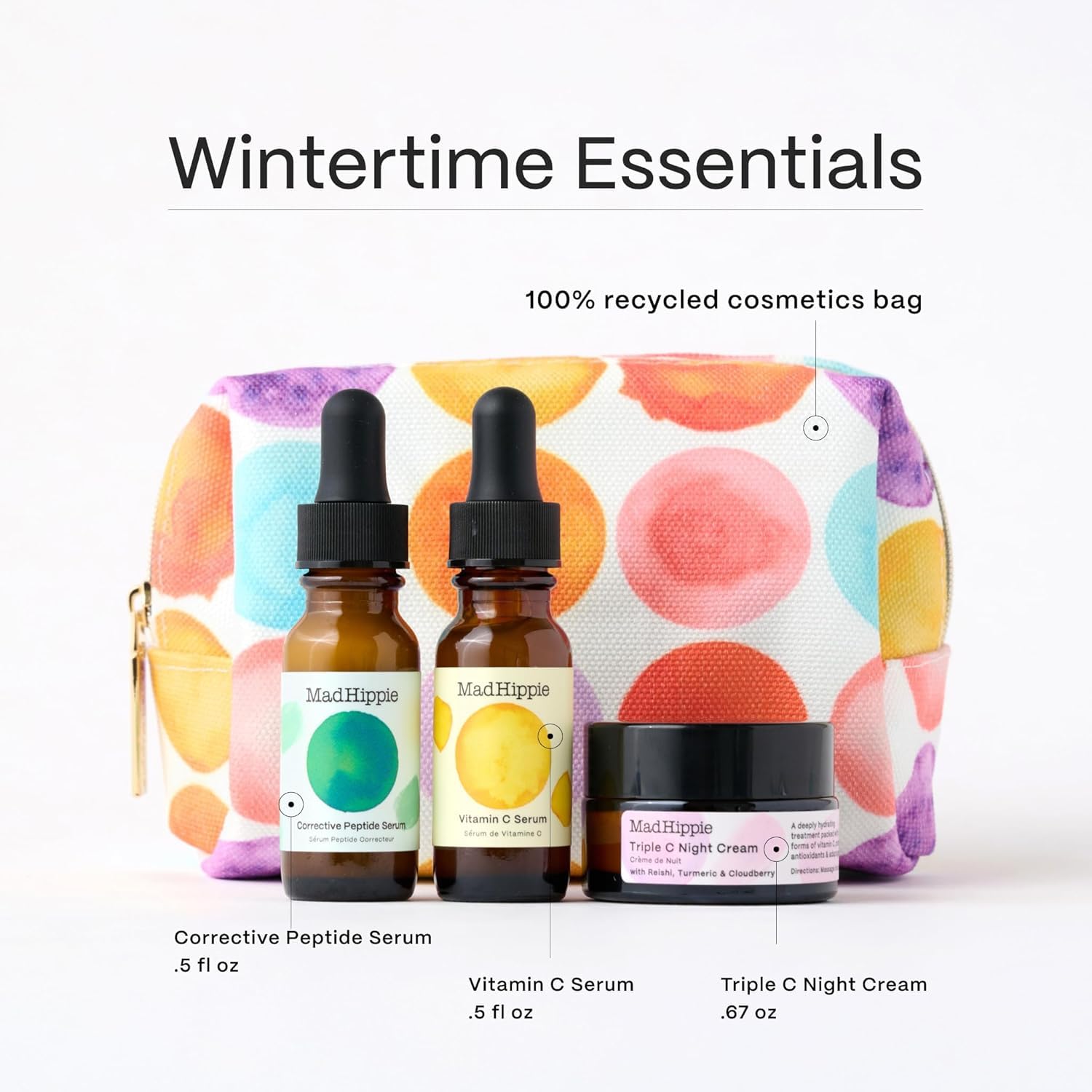 Mad Hippie Wintertime Essentials Travel-Size Skin Care Kit – Vitamin C Serum, Corrective Peptide Serum, Triple C Night Cream (0.5 Oz Ea) in a 100% Recycled Cosmetics Bag + 3 Assorted Sachets - Image 3