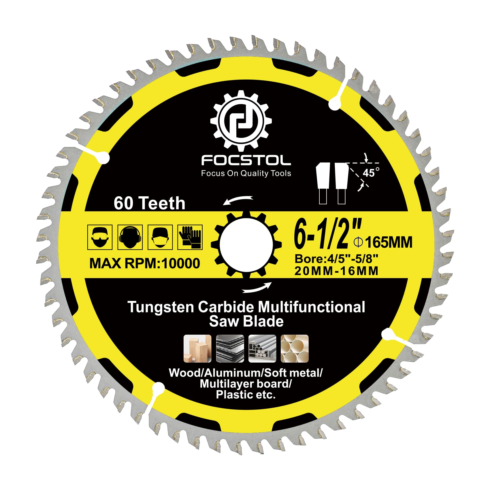 FOCSTOL Hoja Sierra Circular para Madera 165mm x 20/16mm - Disco para Corte Madera con 60 Dientes Para Plástico Aluminio Cobre