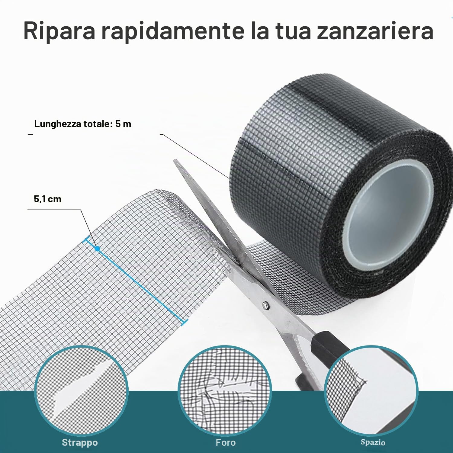 ACEBON Nastro Adesivo di Riparazione per Zanzariere (50 mm x 5 m) | Kit Riparazione per Zanzariere | Ripara Zanzariera | Nastro Ripara Zanzariere (Nero)