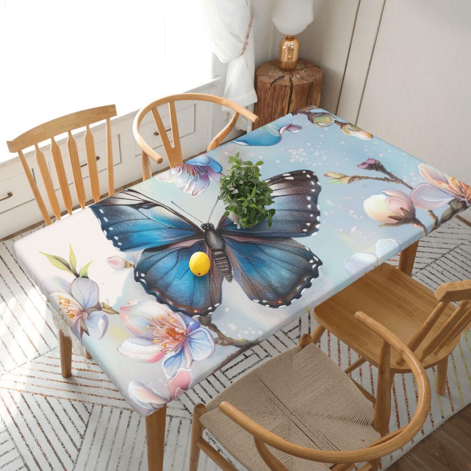 WPKJU Blue Butterfly On Blossom Flower Printed Tablecloths 5ft Rectangular Table Covers Washable Polyester Decorative Table Cloth for Dining Table Picnic Wedding