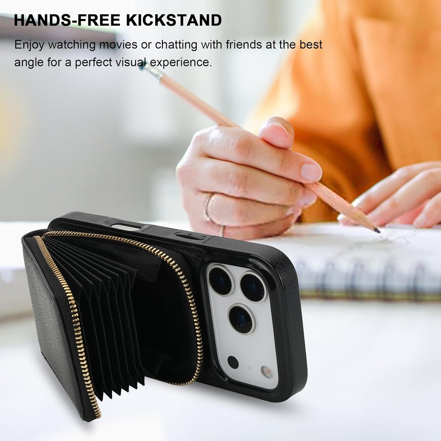 KIHUWEY Crossbody Wallet Case for iPhone 17 Pro, Zipper Pocket Case with Card Holder, PU Leather RFID Blocking Protective Cover Case with Kickstand Detachable Wrist Strap Lanyard 6.3" (Black)