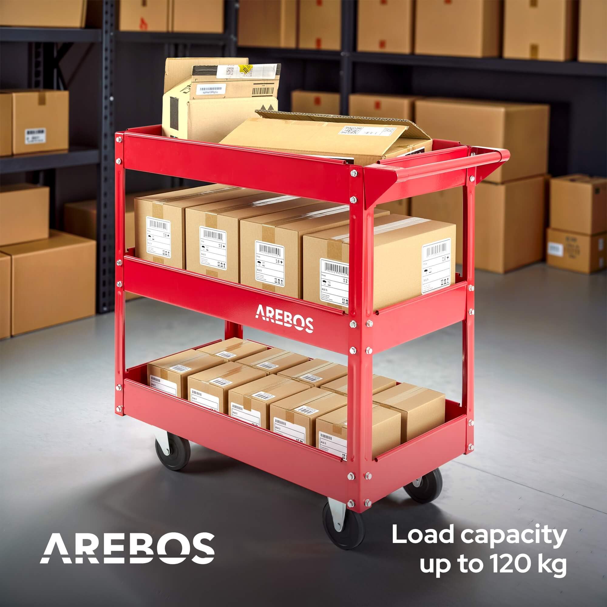 Arebos Set da 2 Carrelli da Officina con 3 Ripiani | Struttura in Acciaio Robusta | Portata fino a 120 kg | Carrello Mobile per Officina, Garage e Fai da Te