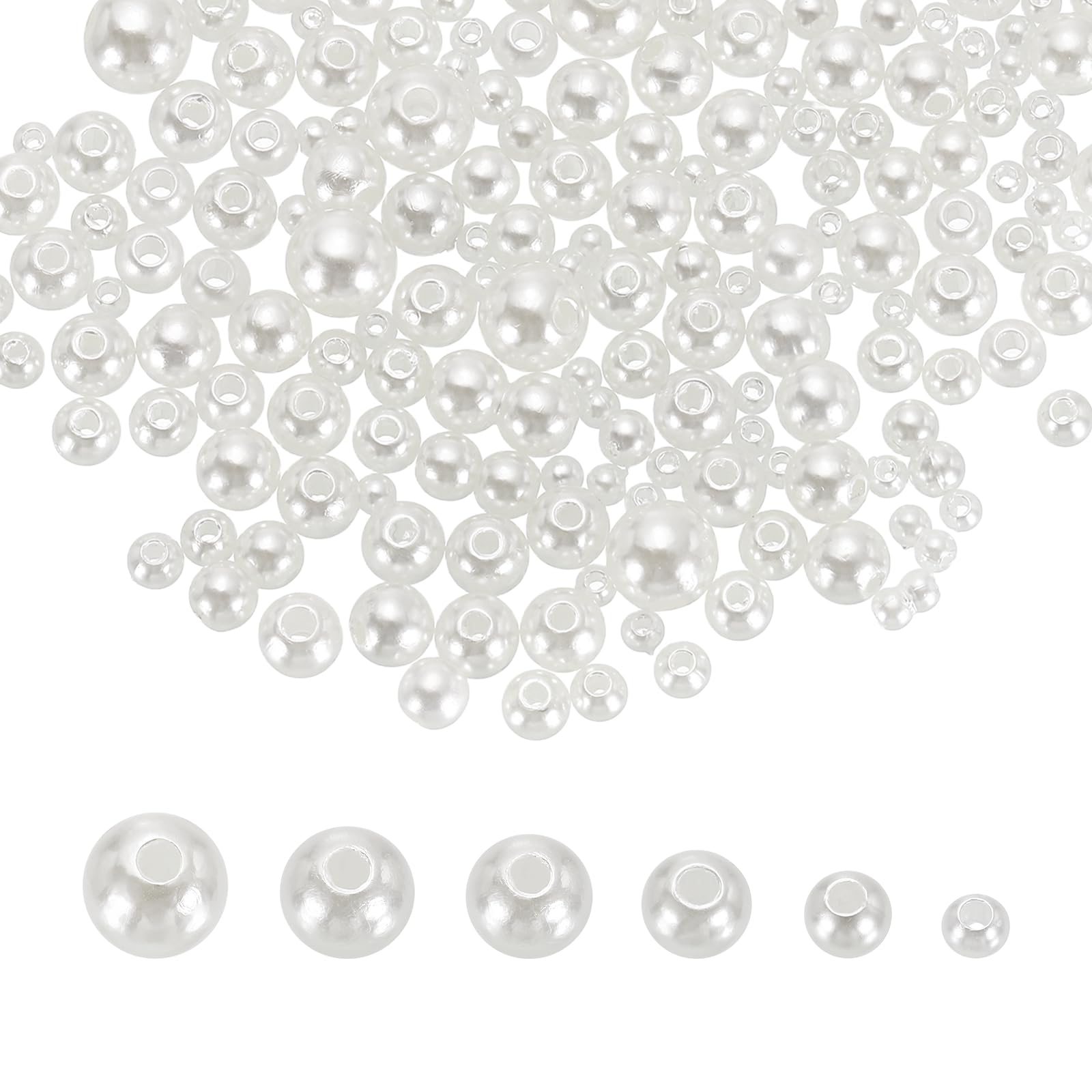 sourcing map 300Pcs Mixed Pearl Beads, 3-8mm Round Loose Crafts Beads with Hole, Plastic Bulk Decoration Spacer for Vase Fillers, Table Scatters, White