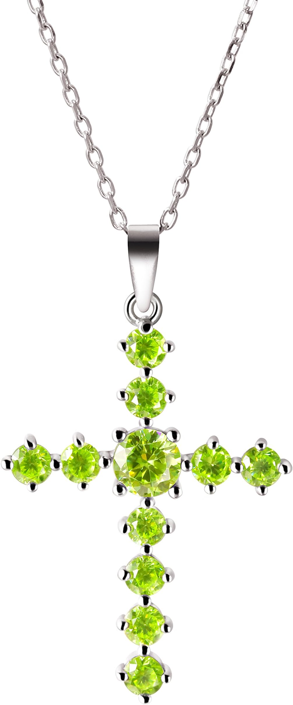 Franki Baker Dainty & Delicate Peridot Crystal Gemstone & Sterling Silver Cross Pendant Necklace. Length: 50cm. Pendant Length: 35mm