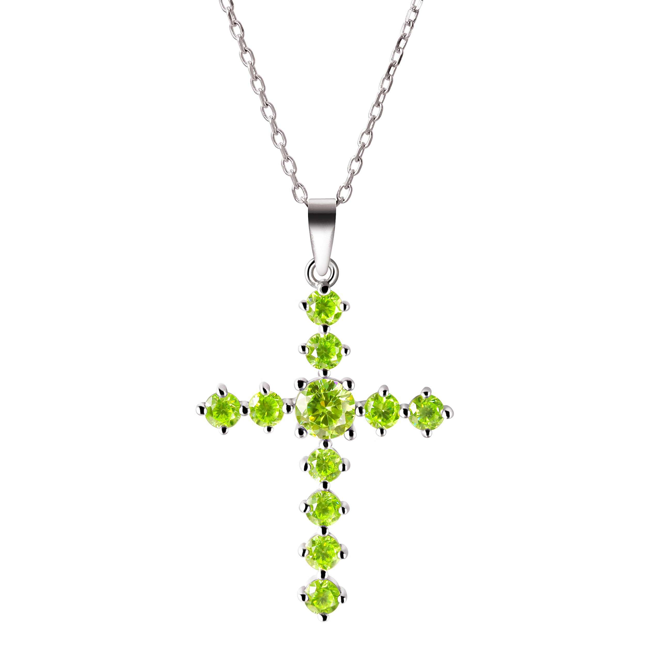 Franki Baker Dainty & Delicate Peridot Crystal Gemstone & Sterling Silver Cross Pendant Necklace. Length: 50cm. Pendant Length: 35mm