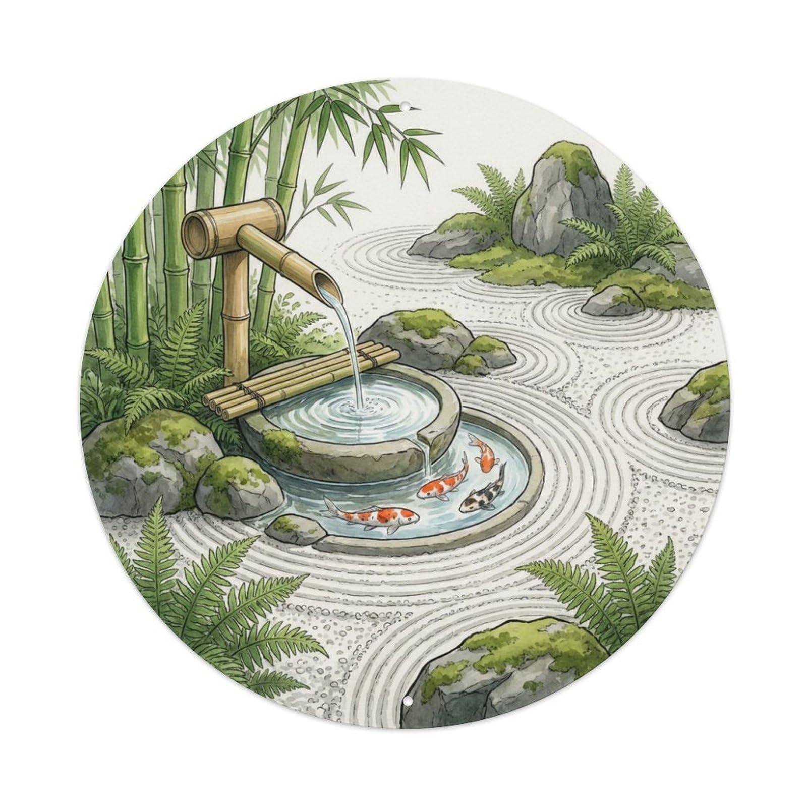 Galvaxio Style Japanese Koi Fish Bamboo Fountain Water Flow Metal Tin Sign