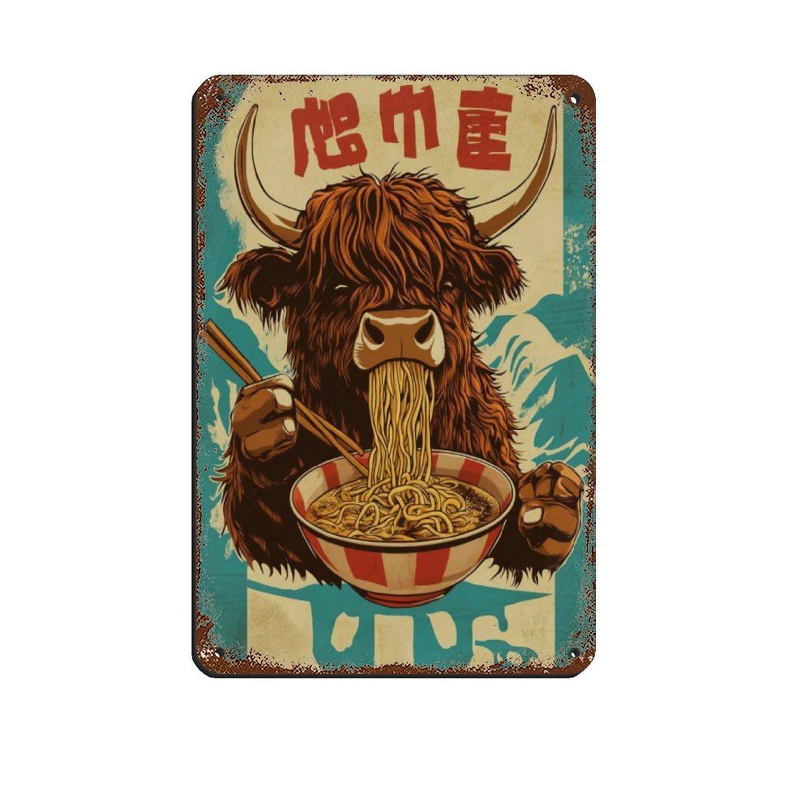 Lxwnze 20L X 30W Cm Highland Cow Eating Ramen Retro Poster, Tin Sign Vintage Metal Pub Club Cafe Bar Home Wall Art Decoration Poster Retro 8X12inch(20X30cm)