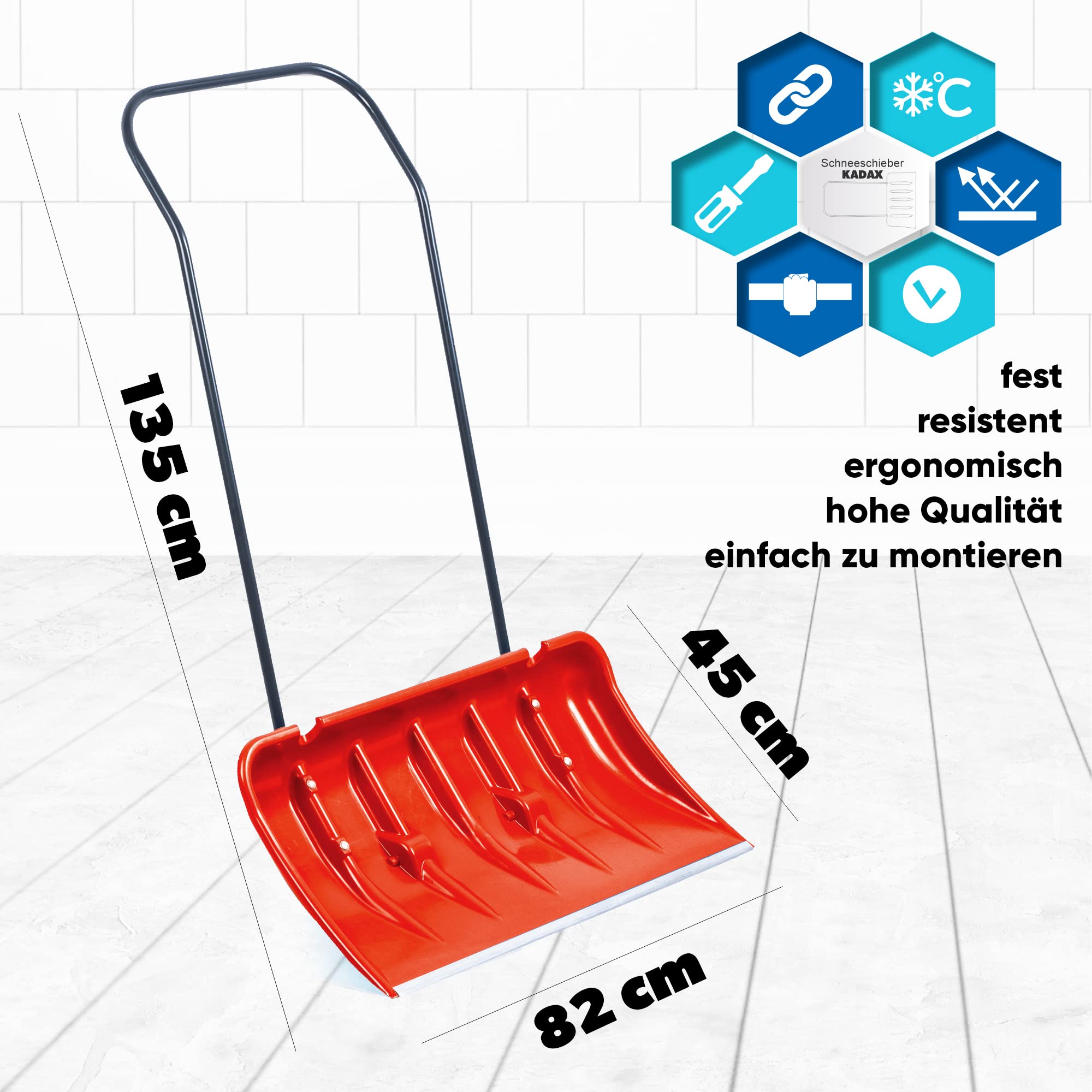 KADAX Schneeschieber mit Alu-Profilkante, breite Schneeschaufel mit Rädern, Schaufel mit Metallgriff, Schneeschippe mit Kunststoff-Blatt, Schneeräumer (Orange 2)
