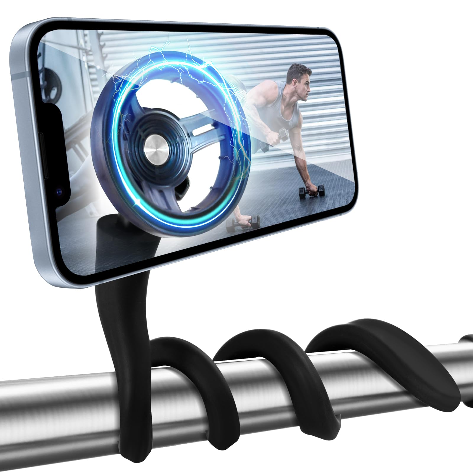 Flexibel Handyhalterung für Magsafe für Fitness im Fitnessstudio, Schwanenhals-Handyhalterung Magnetisch Handy Fahrradhalterung für Fitnessgeräte, Kinderwagen, Einkaufswagen, Heimtrainer (schwarz)