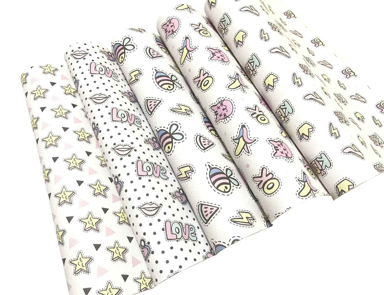 Feather Cartoon Star Printed Faux Leather Sheets Synthetic Leather Litchi Grain for DIY Earrings Hair Bows Bag Crafts (Cartoon Series)