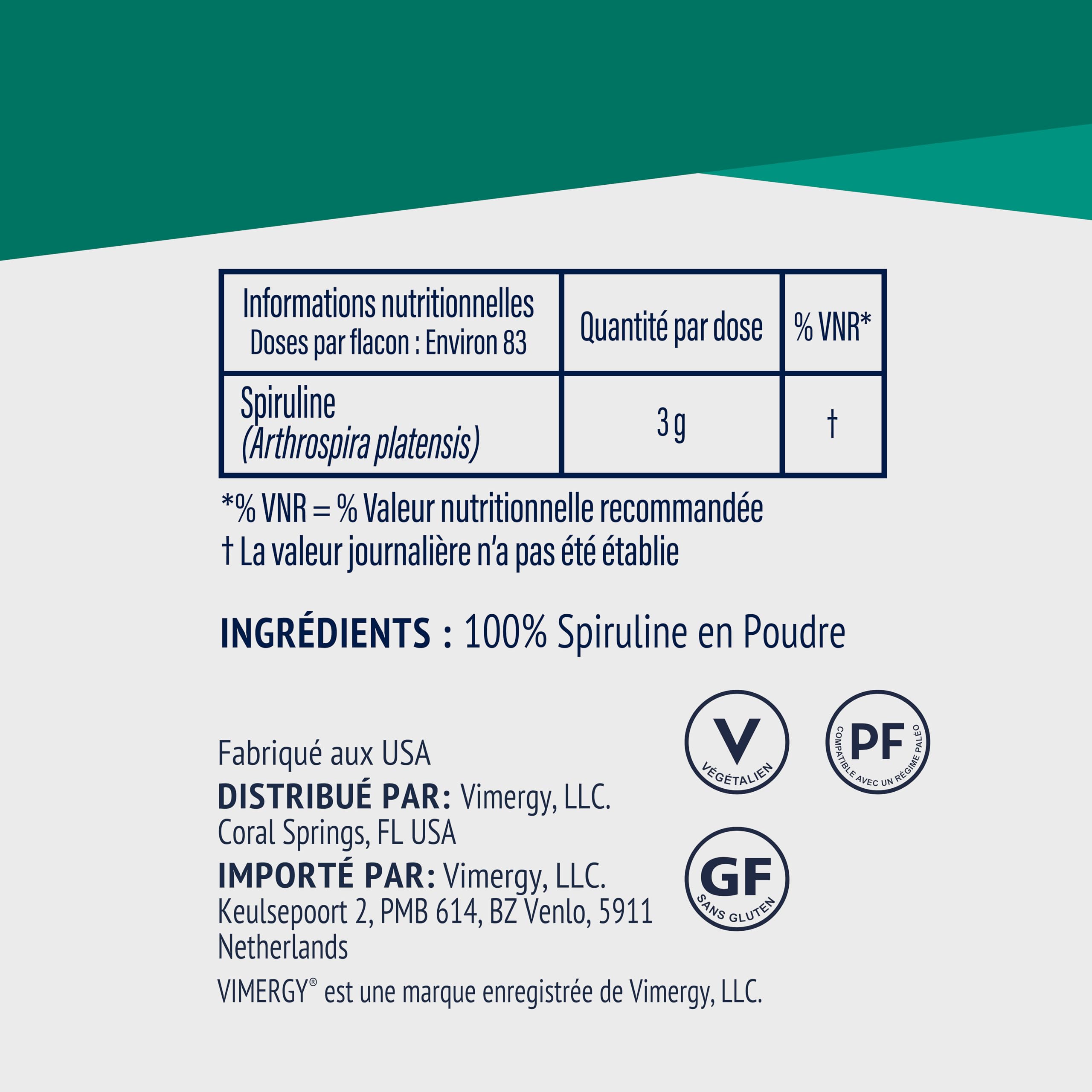 Vimergy Spiruline Poudre – Facile à Digérer – Poudre à Absorption Rapide –Végétalien – Formulé sans Agents Anti-Agglomérants, Additifs, Arômes ou Sucre - Sans OGM et sans Gluten