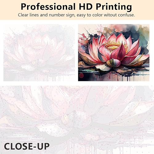 Miniatura 3 de TUMOVO Pintura de loto rosa por números, pintura de flores retro por números, kit de pintura al óleo de loto abstracto colorido, pintura acrílica