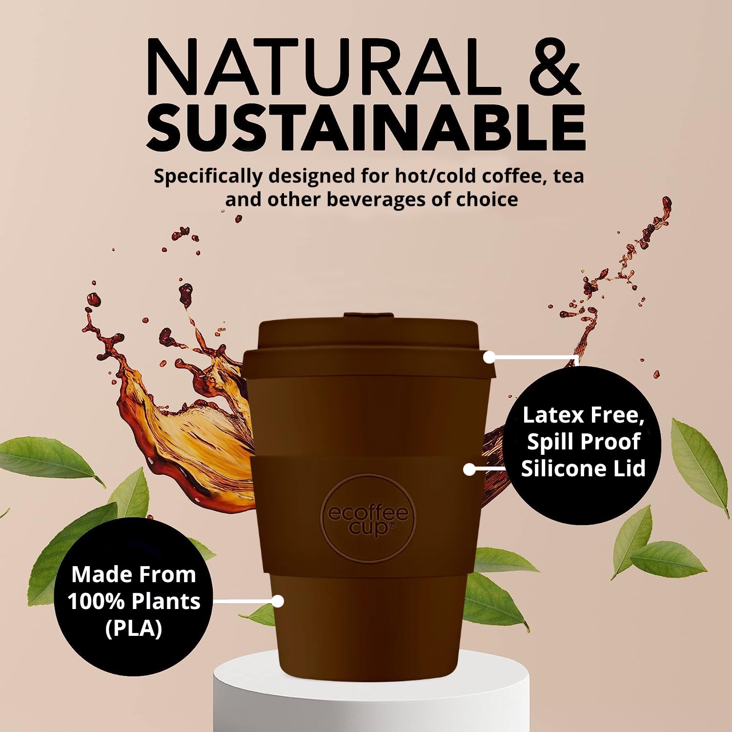 Ecoffee Cup 8oz 240ml Reusable Eco-Friendly 100% Plant Based Coffee Cup with Silicone Lid & Sleeve - Image 4