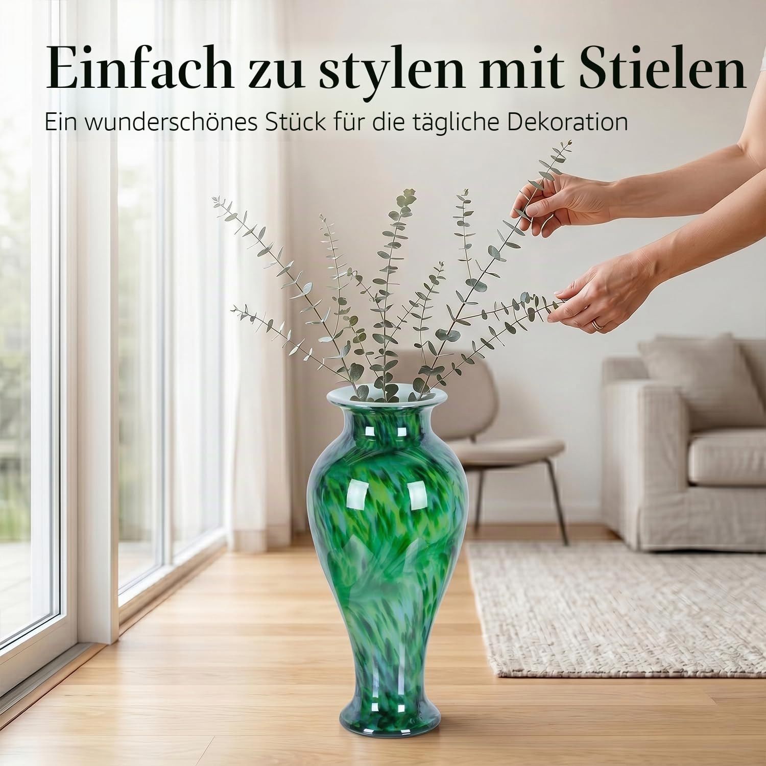 20" (50,8 cm) Hohe Grüne Glasvase Handgeblasene Große Stehende Glasvase Wohnraumdekoration, Murano Moderne Dunkelgrüne Blumenvasen, Jarrones Grandes para Sala Elegantes, Große Vasen für Wohnzimmer