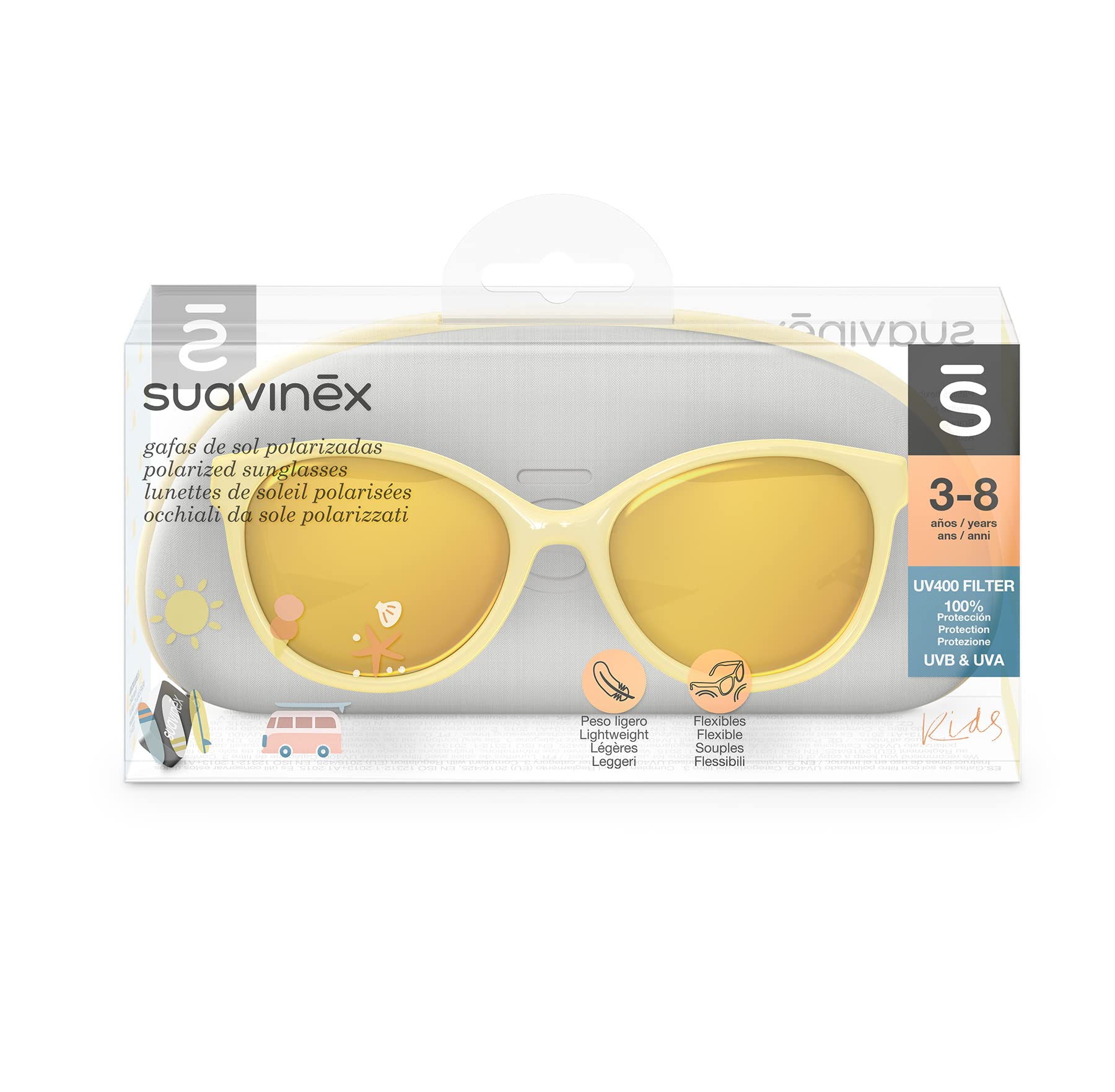 Suavinex, Gafas de Sol para Niños de 3 a 8 Años, Polarizadas, con Filtro UV 400, 100% Protección Rayos UVA y UVB, Funda y Cinta de Sujeción Incluidas, Flexibles y Ligeras