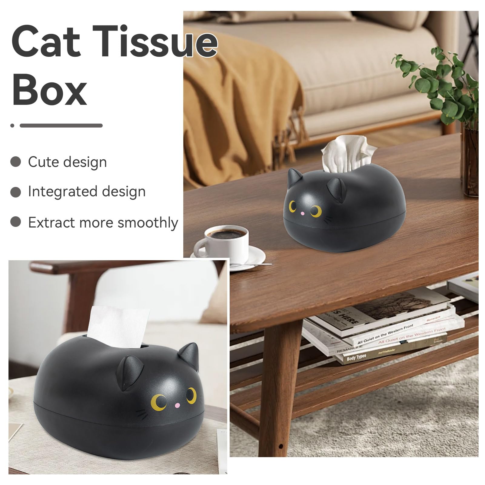 Kitten Tissue Holder, Cat Tissue Box Dispenser Tissue Box Cover with Toothpick Holder Paper Facial Tissue Dispenser Cat Tissue Napkin Box Lovely Home Decoration for Kitchen Living Room(Black)