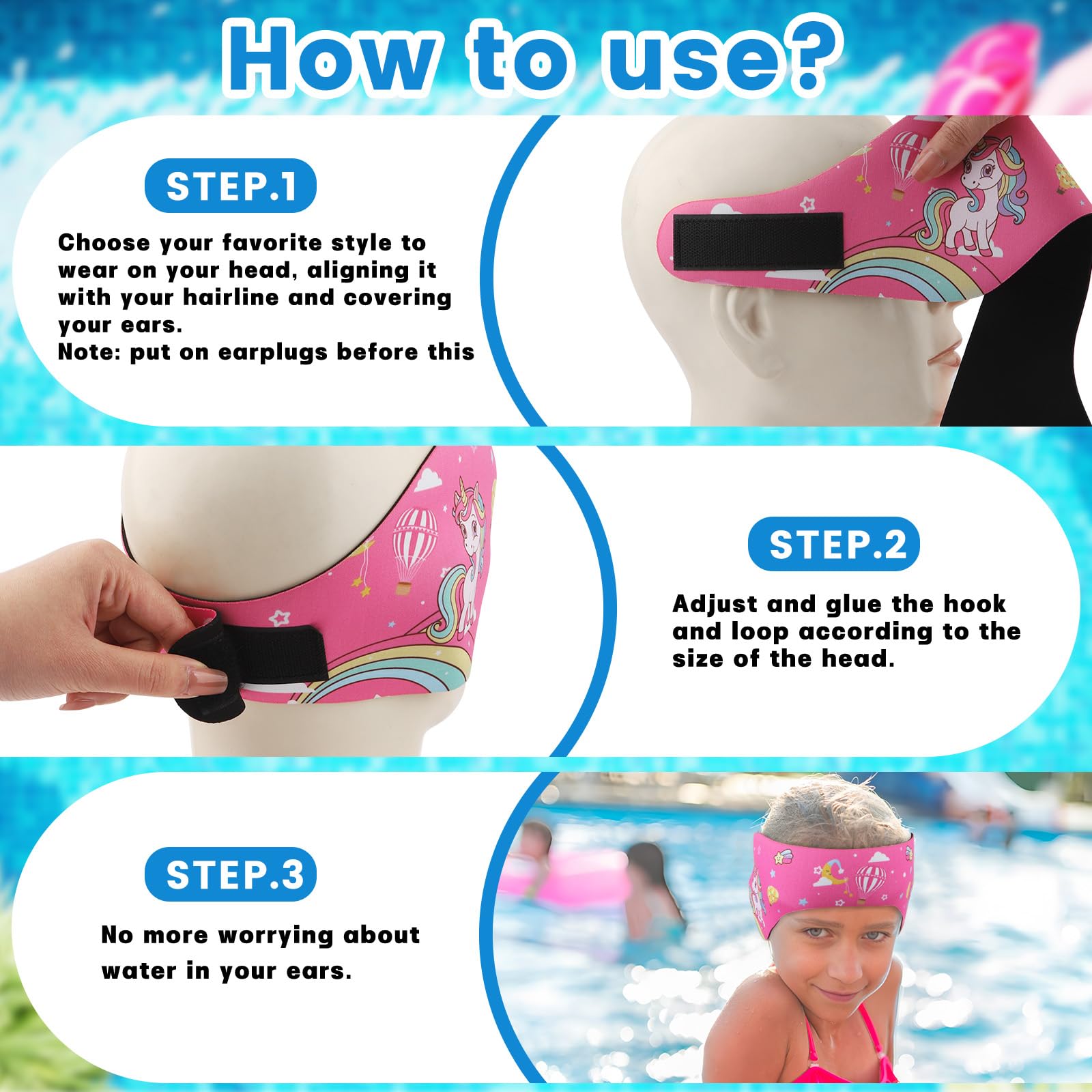 Bandeau de Natation Enfant, Bandeau Élastique avec avec Bouchons d'Oreille de Protection pour la Natation et Autres Sports Nautiques (Rose Bonbon, L)