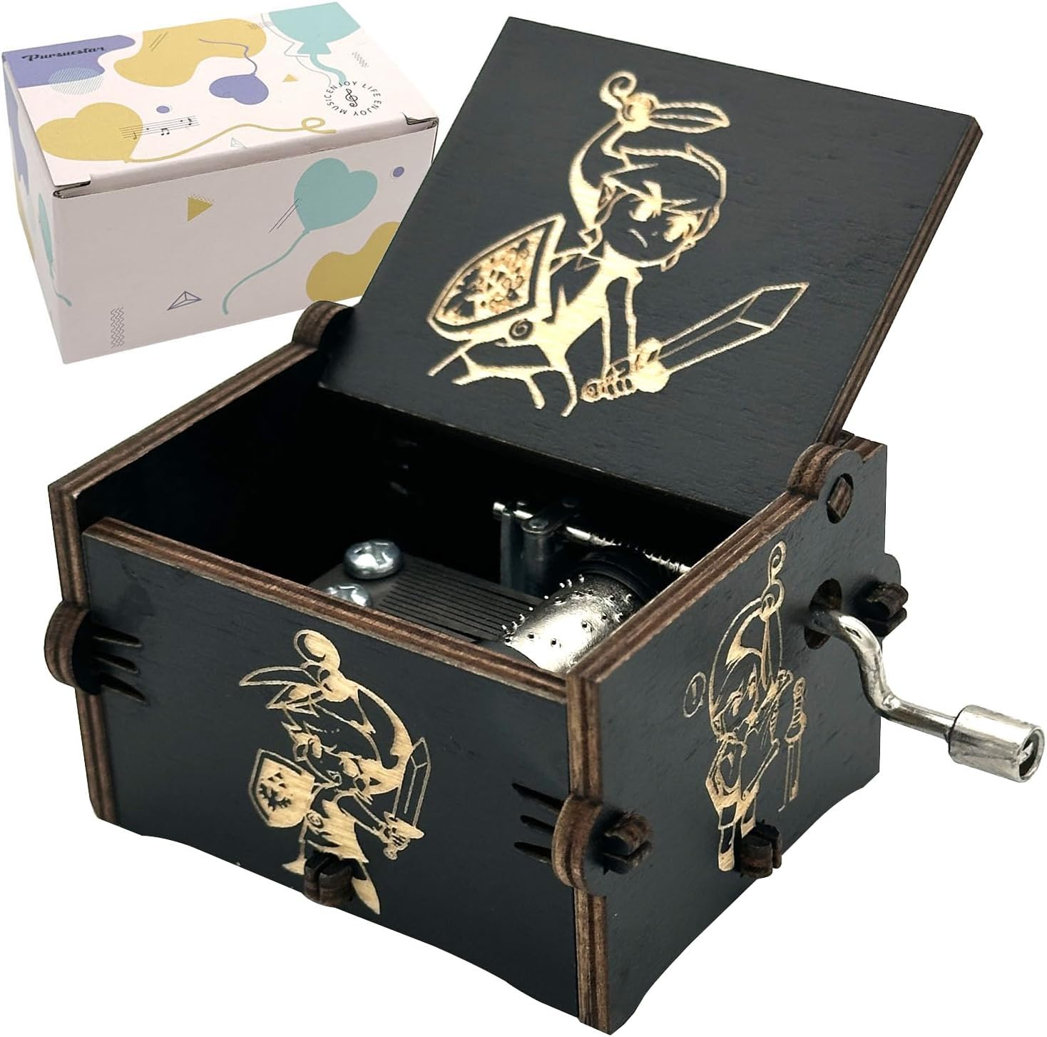 Pursuestar Black Wood Hand Crank Laser Engraved Vintage Wooden Music Box Wedding Valentine Christmas Birthday Musical Gift for Legend of Zelda