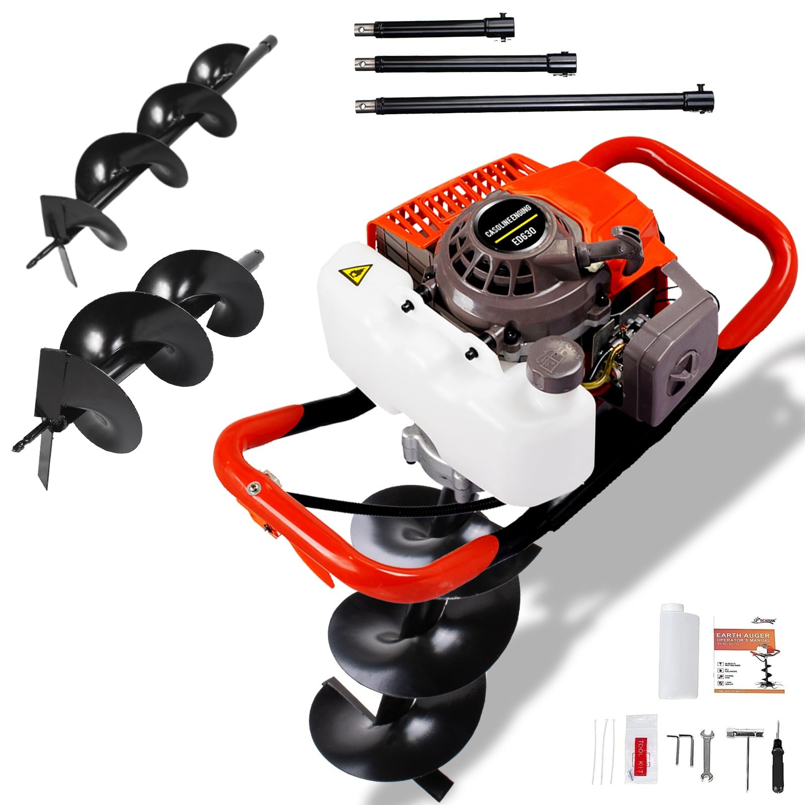 DC HOUSE 63cc Gas Powered Auger Post Hole Digger, with 2 Earth Auger Drill Bits 6" 10" and 3 Extension Rods 8" 12" 20", for Farmland Garden and Planting