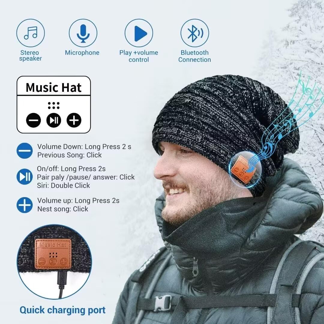 Regalo Uomo Donna Cappello Bluetooth Berretto Sci Regalo Natale Cappello Sportivi Uomo Musicale Bluetooth Lavorato a Maglia Berretto Cappello Invernali con Cuffie Stereo e Microfono Vivavoce