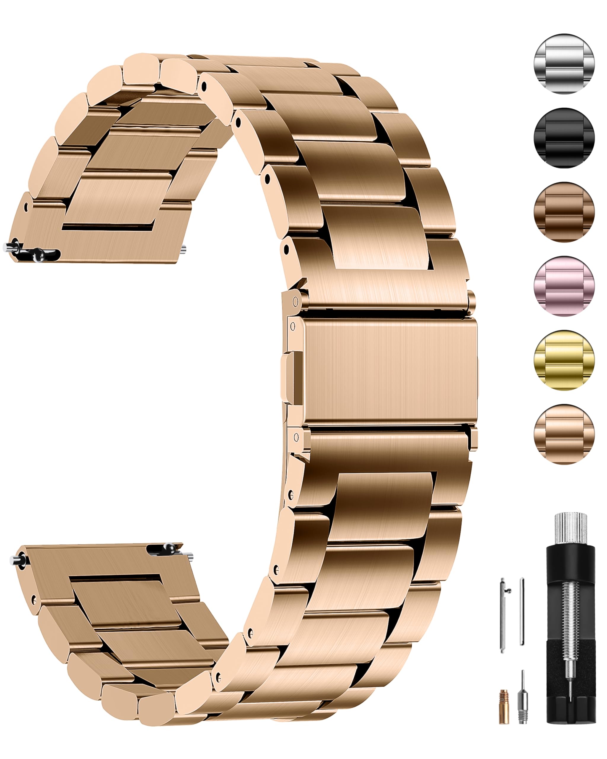 Fullmosa Watch Band, Quick Release Stainless Steel Replacement for Men Women, Metal Chain Watch Strap Width 16mm 18mm 19mm 20mm 22mm 24mm, Rose Gold, 18mm