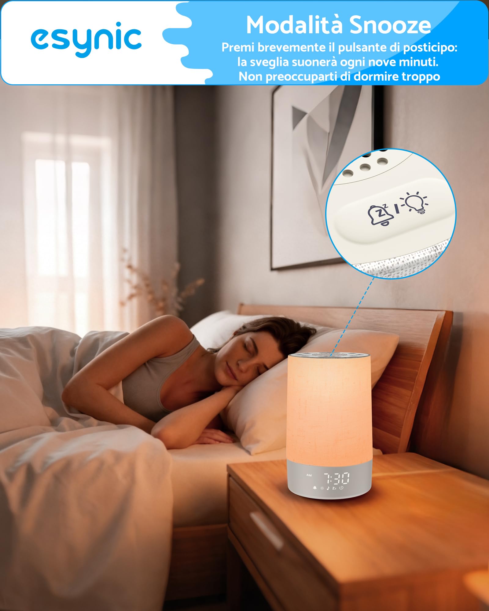 eSynic 2 in 1 Sveglia Luminosa Alba e Macchina Rumore Bianco, Luce Notturna Display Dimmerabile, 30 Suoni Rilassanti, Timer, Snooze, Volume Regolabile, Sunrise Alarm Clock da Comodino con Spina