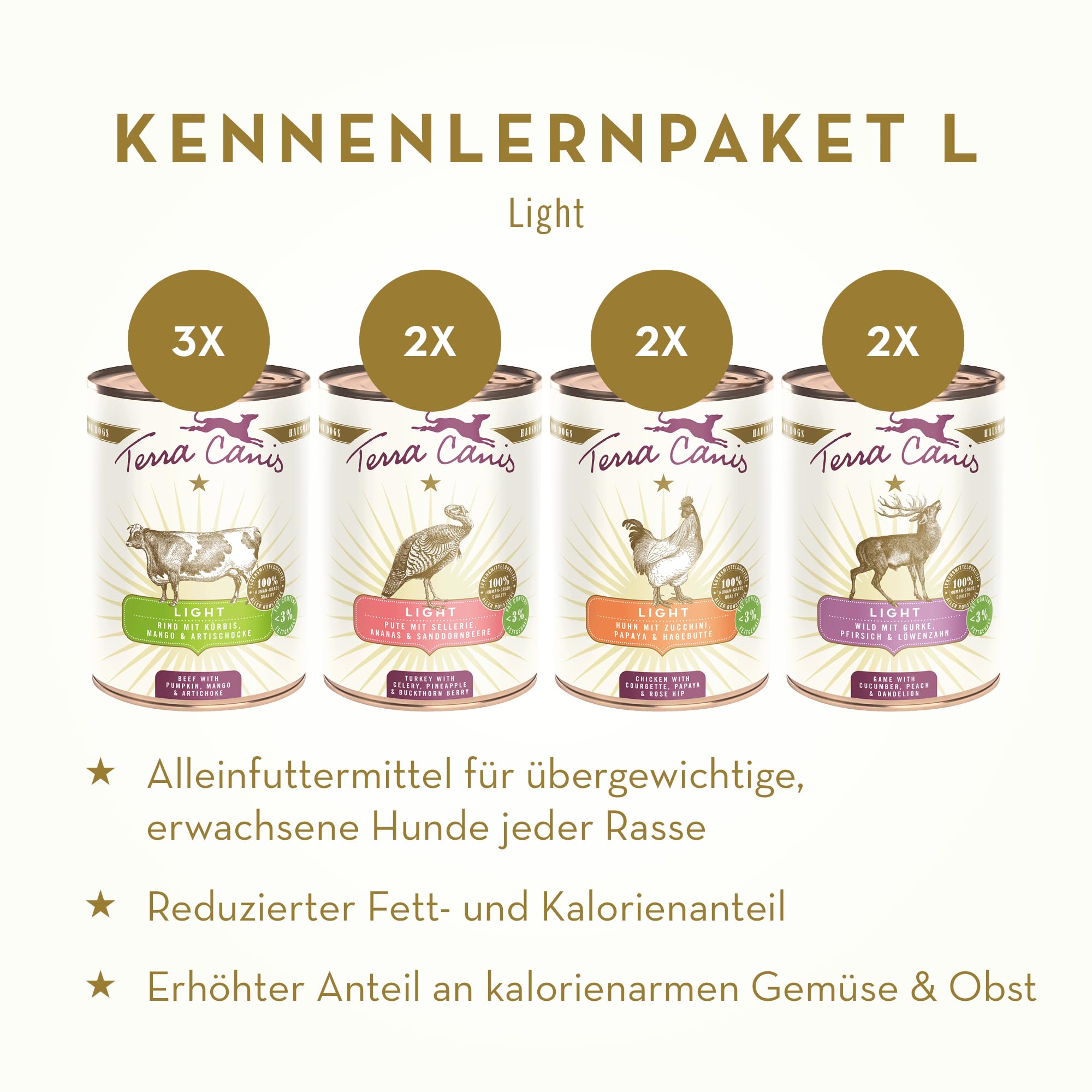Terra Canis Pacchetto di conoscenza Light, cibo umido per cani, 9x400g | Materie prime di qualità alimentare al 100%, linea Light ricca e sana, povera di allergeni e senza glutine