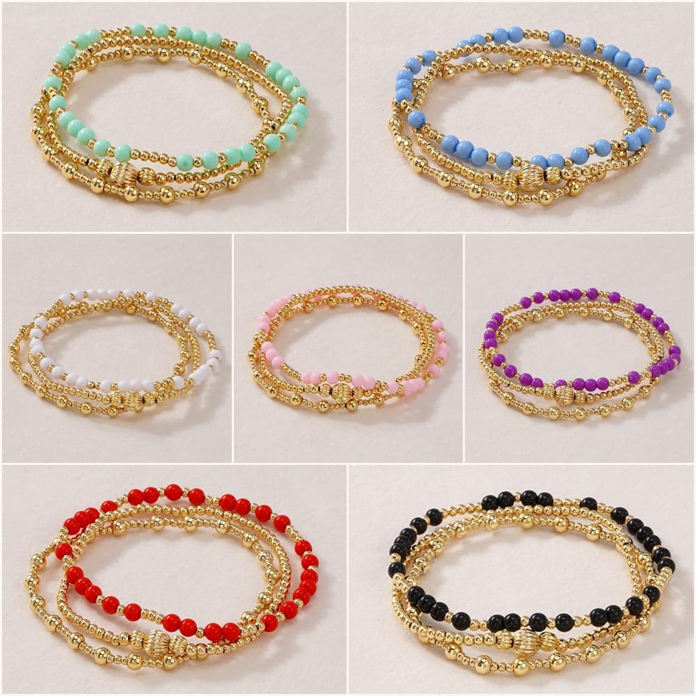 Gold Ball Stackable Lantern Beaded Bracelets Set For Women, Handmade Colorful 3Pcs Stack Cute Unique Stretch Accessories Smooth Jewelry, Summer Beach Daily Party Friendship Gift - Image 5