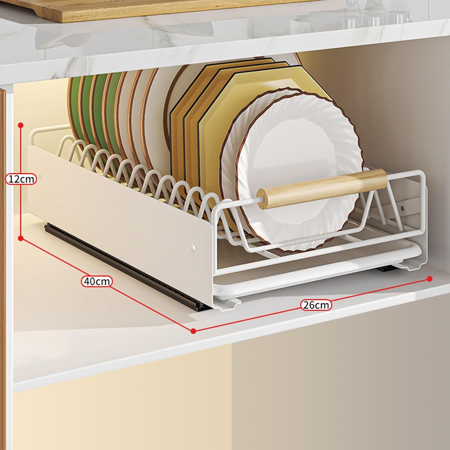 Pull Out Cabinet Dish Rack, Slide Out Dish Drying Rack with Drainboard, Sliding Kitchen Cabinet Dish Rack with Adhesive Film Fixed Space Saving Plate Rack Bowl Holder Bowl Rack