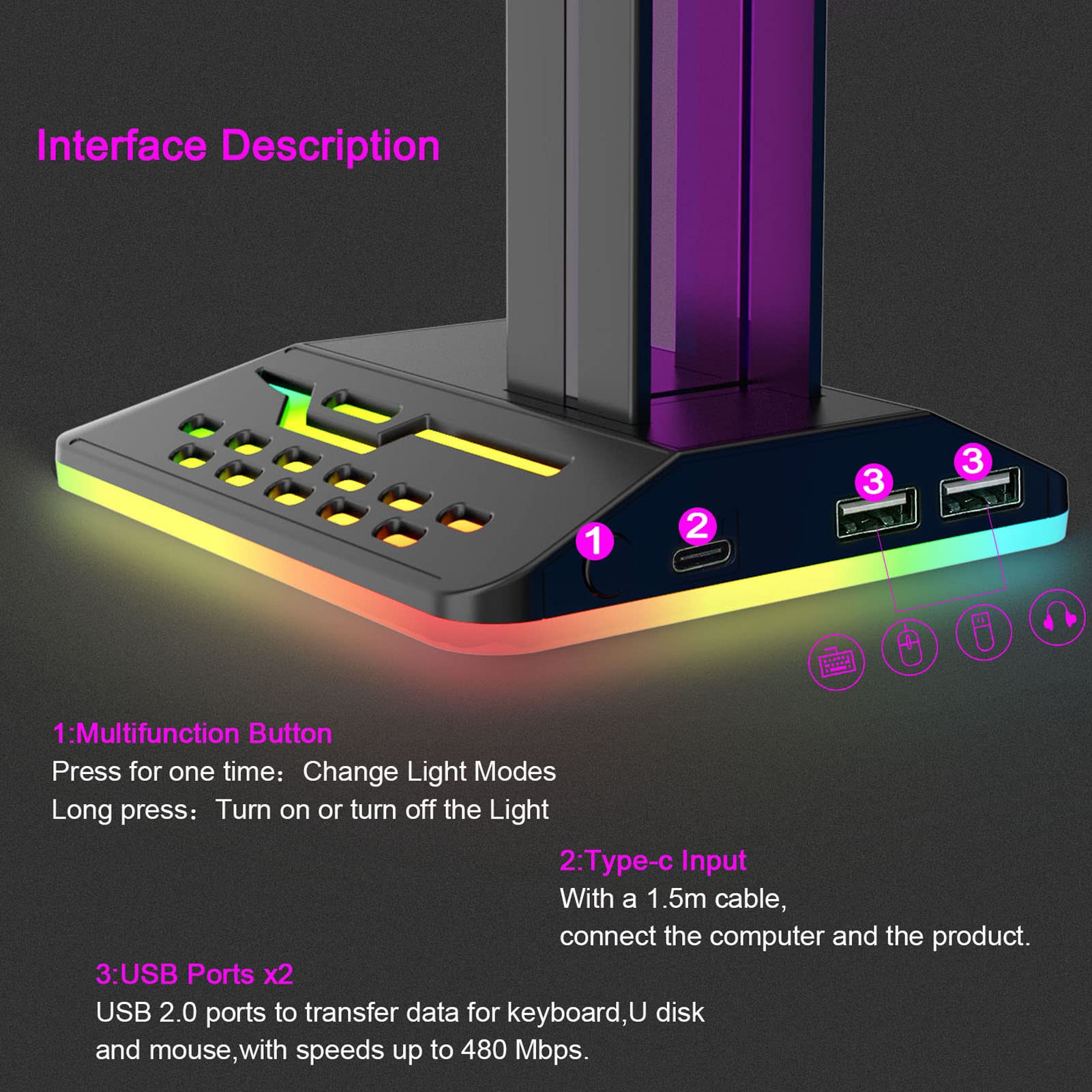 Supporto Per Cuffie RGB, Supporto Per Cuffie Da Gioco Supporto Da Scrivania Base Led Supporto Per Cuffie Con Luce Di Ripresa Usb A~p180161526