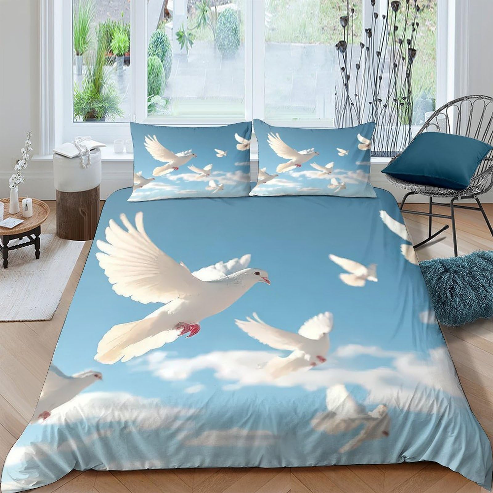 Ctjqhvkz Style-8 3D Printed White Dove Sky Fitted Sheet Microfiber Soft Blue Cloud Bed Sheet For Bedroom Dorm Easy Care Mattress Protection Single（135X200cm）
